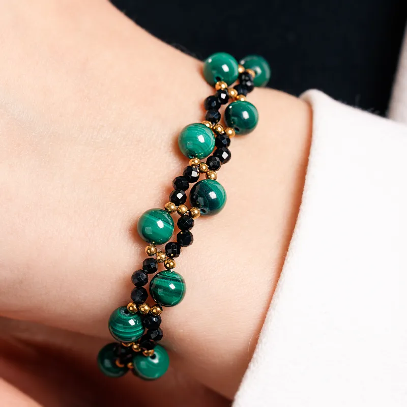 Turmalin, Malachit, Hematyt - srebrna pozłacana bransoletka na ochronę, bogactwo, uzdrowienie - Stella