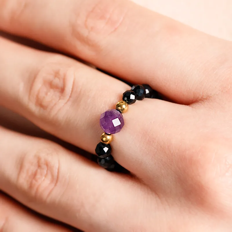 Spinel, Ametyst, Hematyt - srebrny pozłacany pierścionek na koncentrację, miłość, sukces - Wewnętrzna Ochrona