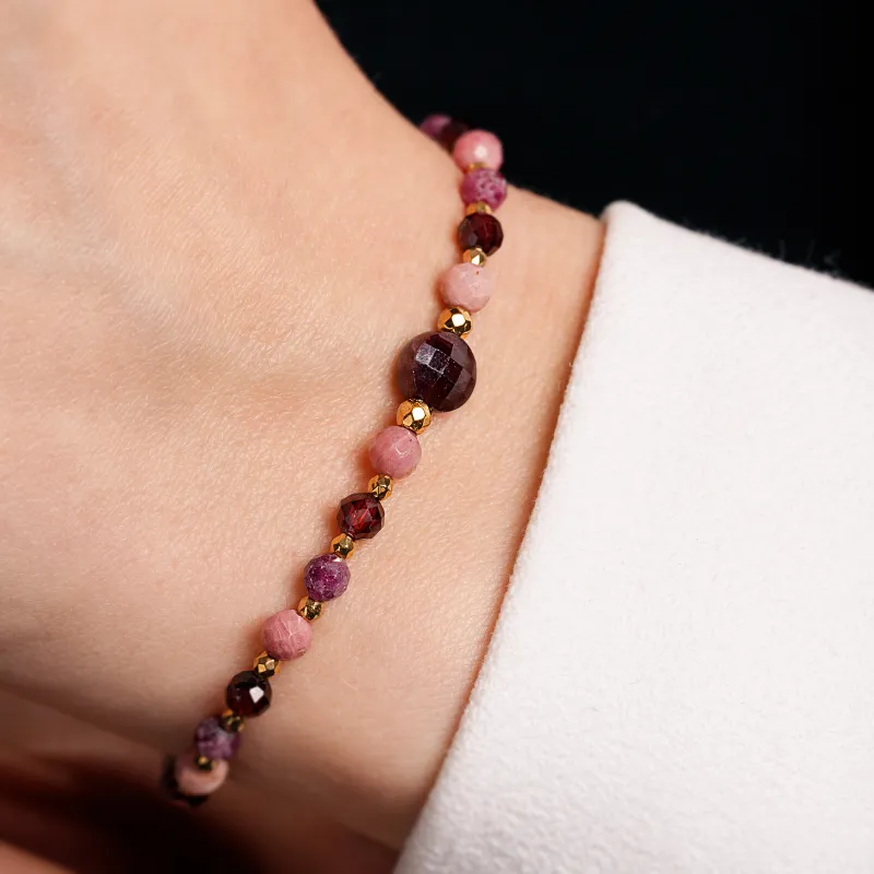 Granat, Rodonit, Rodochrozyt - srebrna pozłacana bransoletka na zdrowie, miłość, kreatywność - Pocałunek Miłości