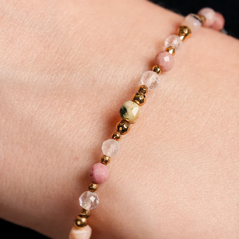 Opal, Rodochrozyt, Kryształ Górski, Hematyt - srebrna pozłacana bransoletka na kreatywność, harmonię, miłość - Pocałunek Miłości