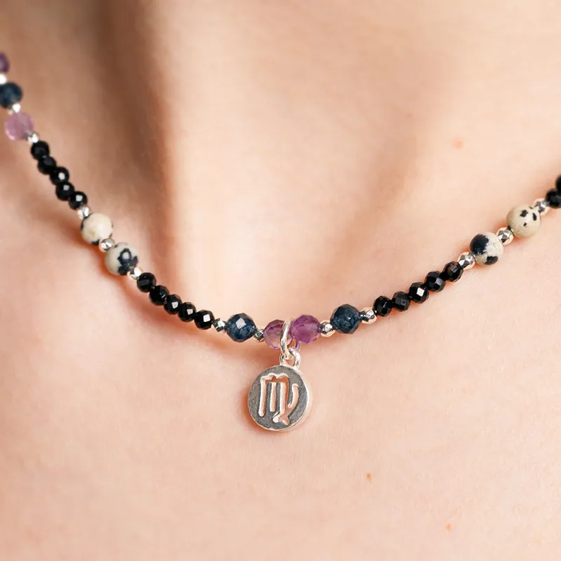 Ametyst, Jaspis, Szafir, Turmalin, Hematyt - srebrny naszyjnik na koncentrację, miłość, sukces - Panna