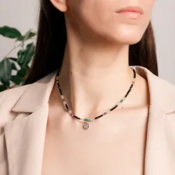 Chryzokola, Ametyst, Fluoryt, Turmalin, Hematyt - srebrny naszyjnik na ochronę, spokój, kreatywność - Wodnik