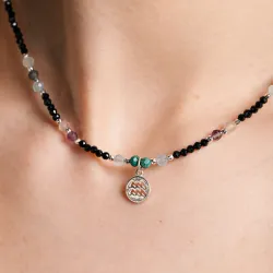 Chryzokola, Ametyst, Fluoryt, Turmalin, Hematyt - srebrny naszyjnik na ochronę, spokój, kreatywność - Wodnik