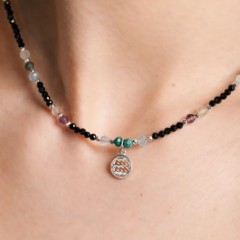 Chryzokola, Ametyst, Fluoryt, Turmalin, Hematyt - srebrny naszyjnik na ochronę, spokój, kreatywność - Wodnik