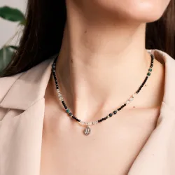 Akwamaryn, Kryształ Górski, Agat, Turmalin, Hematyt - srebrny naszyjnik na zdrowie, odwagę, harmonię - Bliźnięta