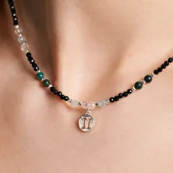 Akwamaryn, Kryształ Górski, Agat, Turmalin, Hematyt - srebrny naszyjnik na zdrowie, odwagę, harmonię - Bliźnięta