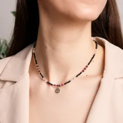 Rubin, Granat, Kryształ Górski, Turmalin, Hematyt - srebrny naszyjnik na radość, miłość, szczęście - Lew