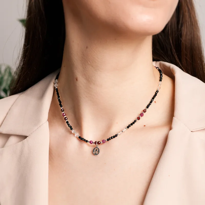 Rubin, Granat, Kryształ Górski, Turmalin, Hematyt - srebrny naszyjnik na radość, miłość, szczęście - Lew