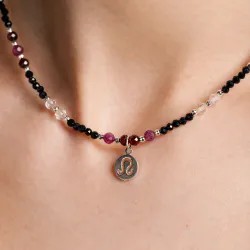 Rubin, Granat, Kryształ Górski, Turmalin, Hematyt - srebrny naszyjnik na radość, miłość, szczęście - Lew