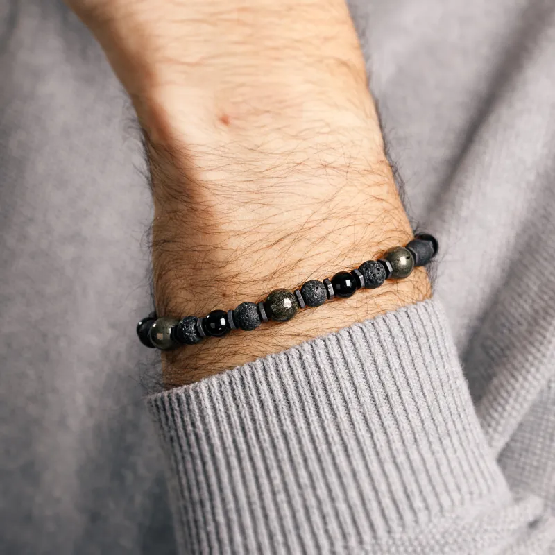 Piryt, Turmalin, Lawa Wulkaniczna, Hematyt - bransoletka męska na bogactwo, siłę, kreatywność - Jego styl