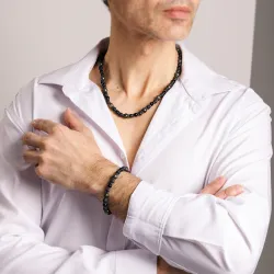 Piryt, Turmalin, Lawa Wulkaniczna, Hematyt - srebrny naszyjnik męski na bogactwo, siłę, kreatywność - Jego styl