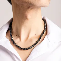 Piryt, Turmalin, Lawa Wulkaniczna, Hematyt - srebrny naszyjnik męski na bogactwo, siłę, kreatywność - Jego styl