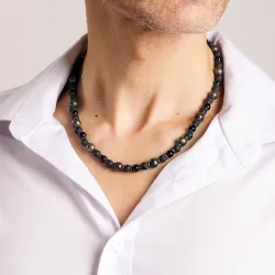 Piryt, Turmalin, Lawa Wulkaniczna, Hematyt - srebrny naszyjnik męski na bogactwo, siłę, kreatywność - Jego styl