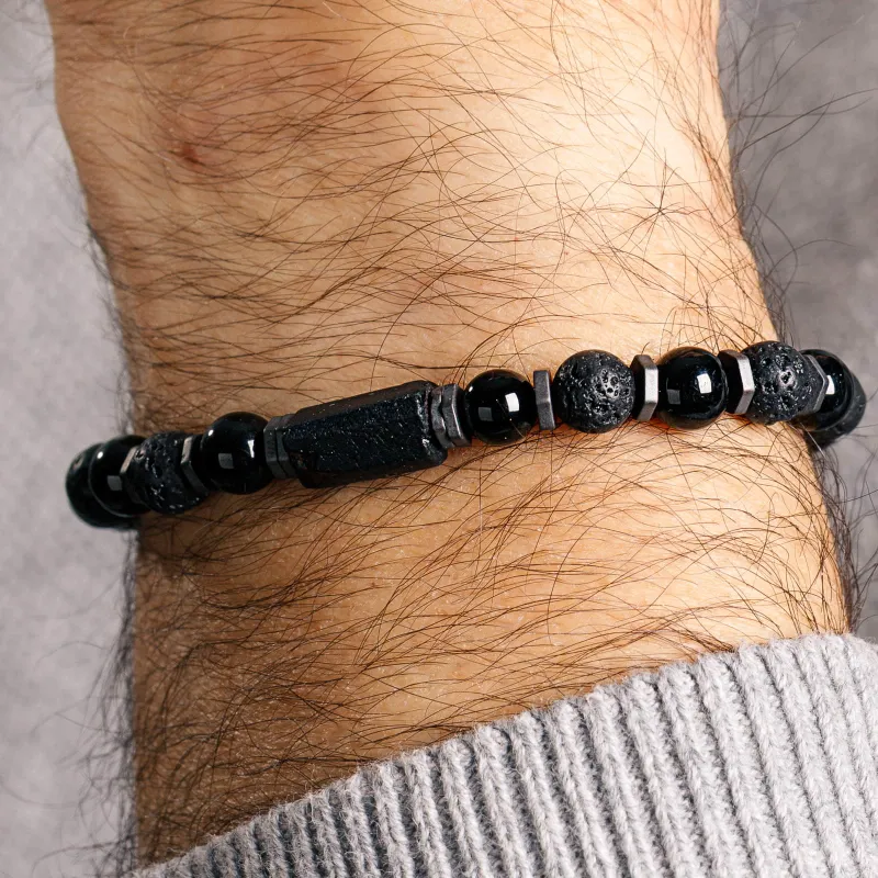 Turmalin, Lawa Wulkaniczna, Hematyt - bransoletka męska na sznurku na ochronę, bogactwo, uzdrowienie - Jego styl