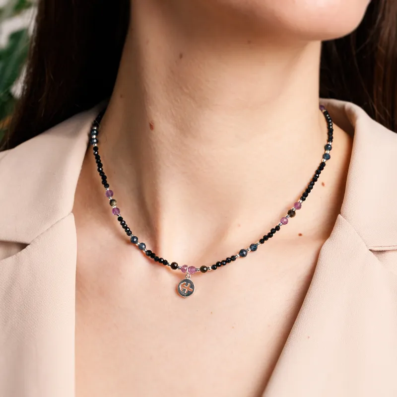 Ametyst, Obsydian, Szafir, Turmalin, Hematyt - srebrny naszyjnik na koncentrację, miłość, sukces - Strzelec