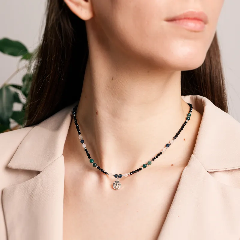 Agat, Kwarc Różowy, Szafir, Turmalin, Hematyt - srebrny naszyjnik na koncentrację, siłę, harmonię - Byk