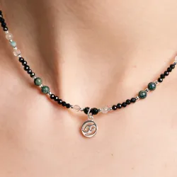 Szmaragd, Kamień Księżycowy, Jaspis, Turmalin, Hematyt - srebrny naszyjnik na miłość, spokój, ochronę - Rak