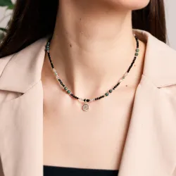 Szmaragd, Kamień Księżycowy, Jaspis, Turmalin, Hematyt - srebrny naszyjnik na miłość, spokój, ochronę - Rak