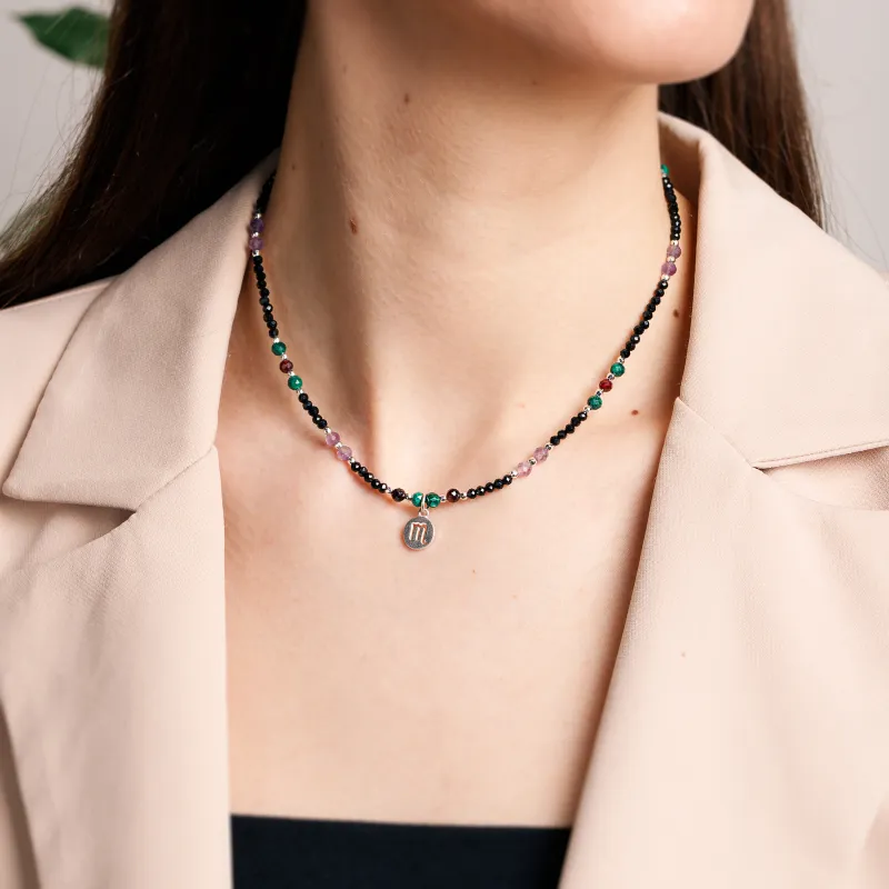 Ametyst, Malachit, Granat, Turmalin, Hematyt - srebrny naszyjnik na koncentrację, miłość, sukces - Skorpion