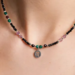 Ametyst, Malachit, Granat, Turmalin, Hematyt - srebrny naszyjnik na koncentrację, miłość, sukces - Skorpion