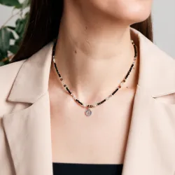 Turmalin, Kwarc Dymny, Kamień Księżycowy, Hematyty - srebrny naszyjnik na ochronę, bogactwo, uzdrowienie - Koziorożec