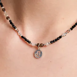 Turmalin, Kwarc Dymny, Kamień Księżycowy, Hematyty - srebrny naszyjnik na ochronę, bogactwo, uzdrowienie - Koziorożec