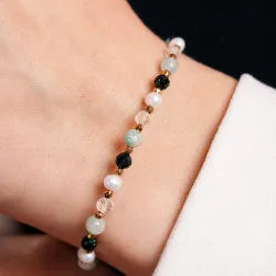 Amazonit, Szamragd, Perła, Kryształ Górski - srebrna pozłacana bransoletka na bogactwo, harmonię, odwagę - Symfonia Bogactwa