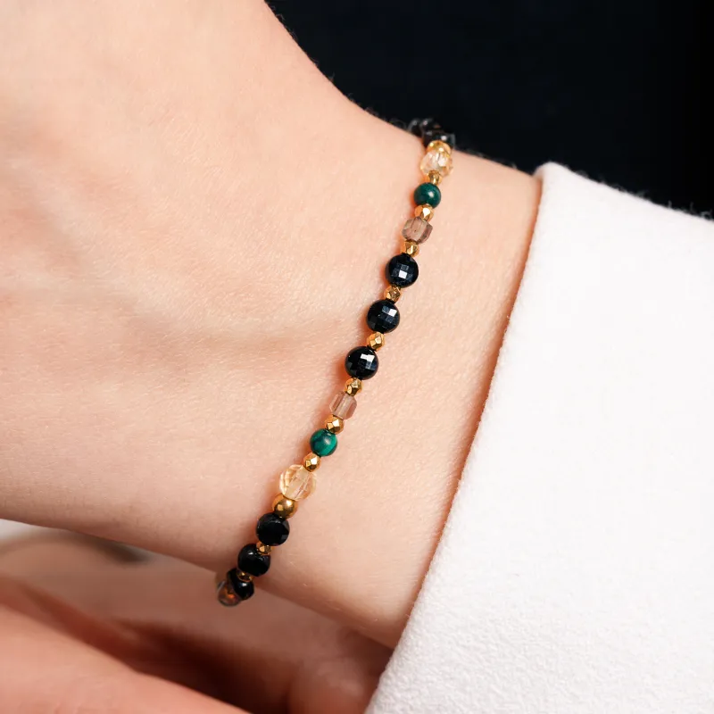 Kwarc Dymny, Malachit, Turmalin - srebrna pozłacana bransoletka na siłę, uzdrowienie, kreatywność - Światło Spokoju