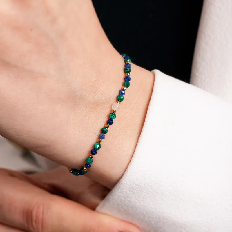 Sodalit, Kamień Księżycowy, Malachit - bransoletka na sznurku na szczęście, duchowość, koncentrację - Oaza Szczęścia