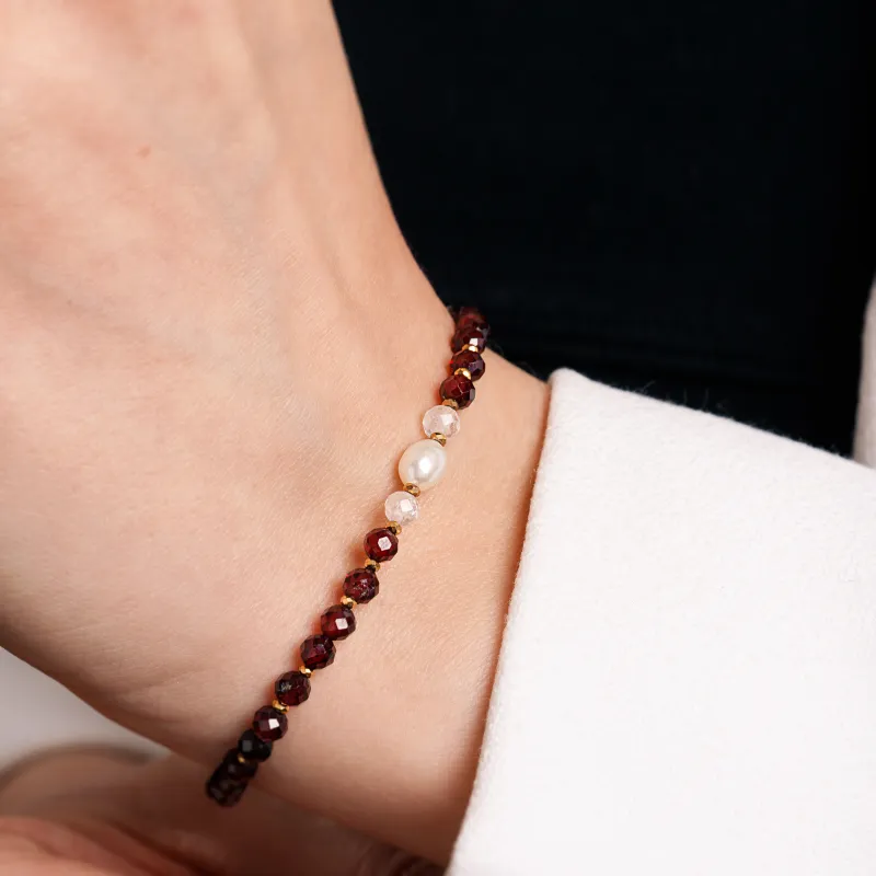 Perła, Granat, Kryształ Górski - srebrna pozłacana bransoletka na zdrowie, miłość, kreatywność - Skarby Oceanu