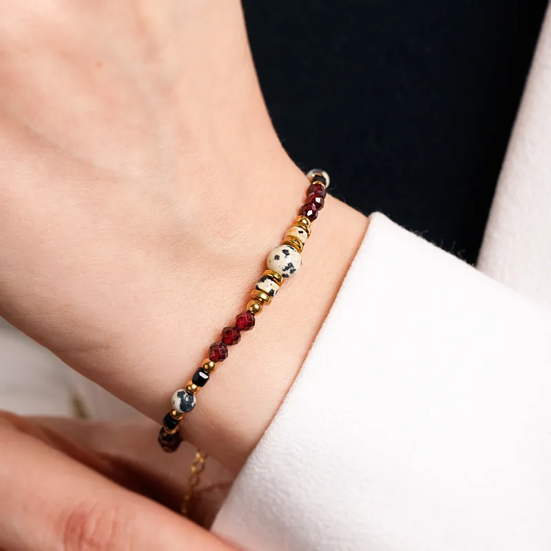 Granat, Jaspis, Turmalin - srebrna pozłacana bransoletka na zdrowie, miłość, kreatywność - Pocałunek Miłości