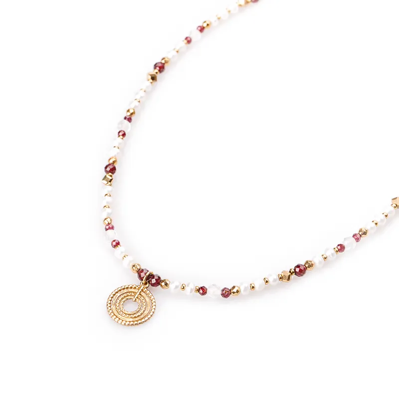 Perła, Granat, Kryształ Górski, Hematyt - srebro pozłacane naszyjnik na harmonię, uzdrawianie, spokój - Perłowy Sen