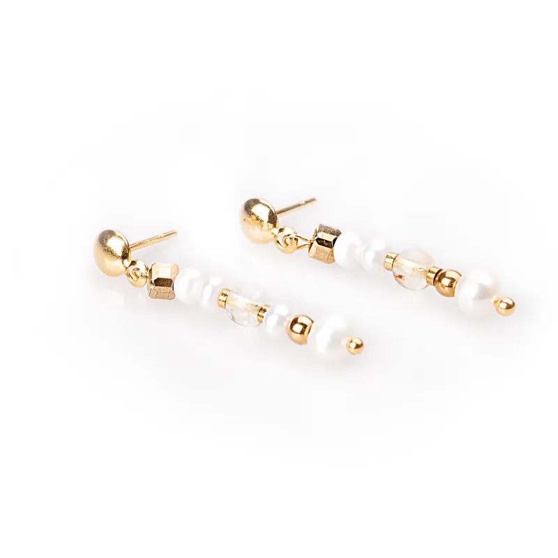 Perła, Cytryn, Hematyt - srebro pozłacane kolczyki na harmonię, uzdrawianie, spokój - Perłowy Sen