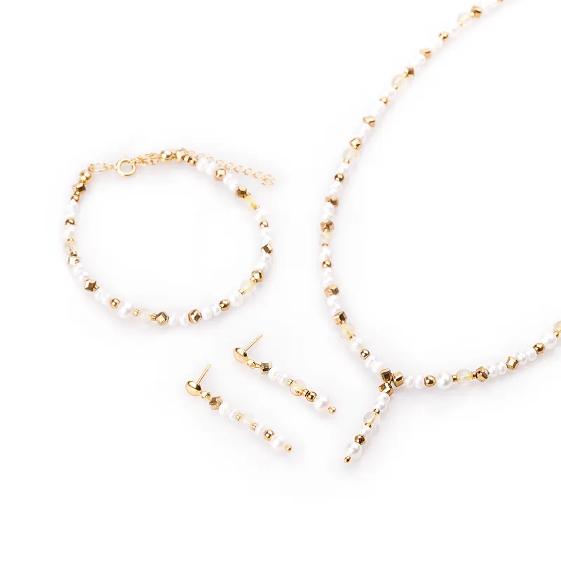 Komplet biżuterii srebro pozłacane bransoletka, nszyjnik i kolczyki - Perłowy Sen