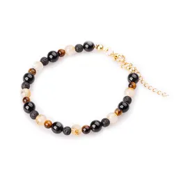 Turmalin, Tygrysie Oko, Lawa Wulkaniczna - srebrna pozłacana bransoletka na bogactwo, sukces, siłę - Symfonia Bogactwa