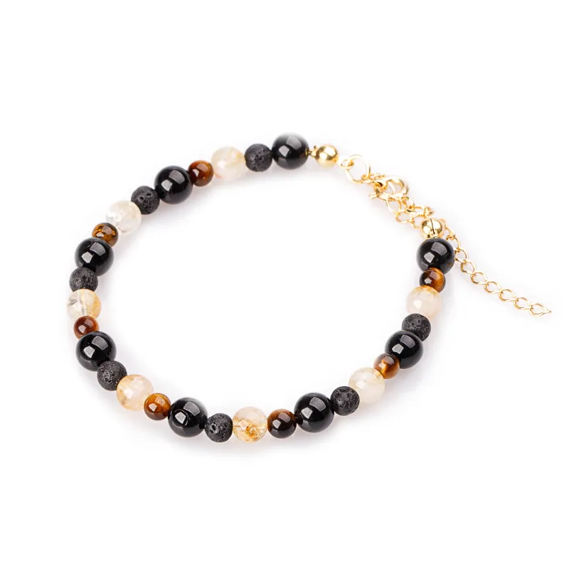 Turmalin, Tygrysie Oko, Lawa Wulkaniczna - srebrna pozłacana bransoletka na bogactwo, sukces, siłę - Symfonia Bogactwa