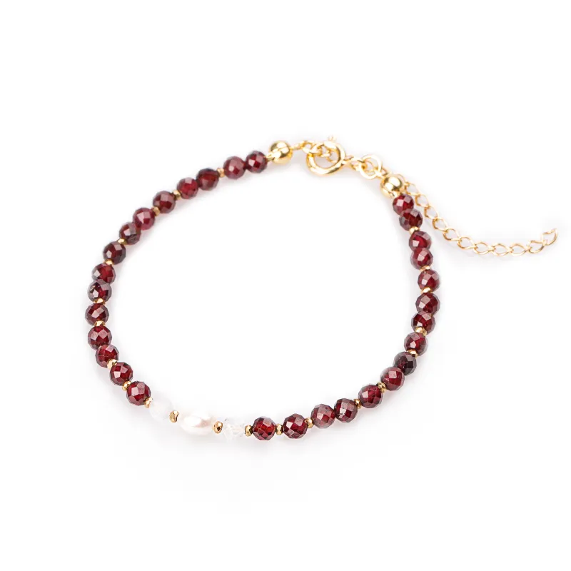 Perła, Granat, Kryształ Górski - srebrna pozłacana bransoletka na zdrowie, miłość, kreatywność - Skarby Oceanu