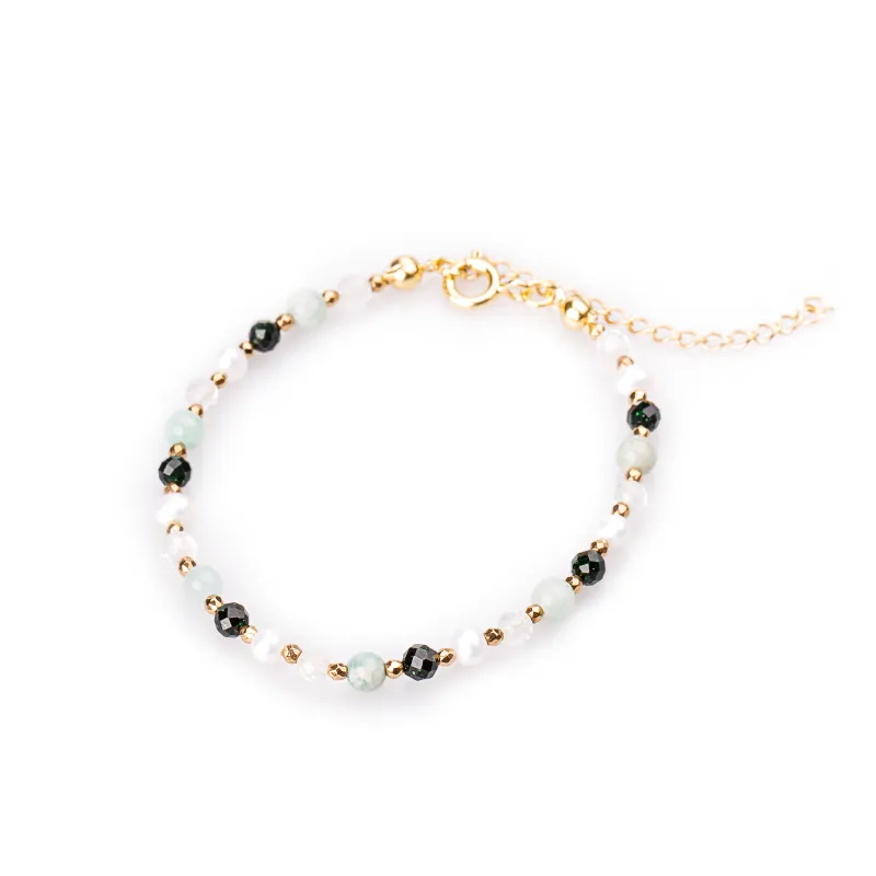 Amazonit, Szamragd, Perła, Kryształ Górski - srebrna pozłacana bransoletka na bogactwo, harmonię, odwagę - Symfonia Bogactwa