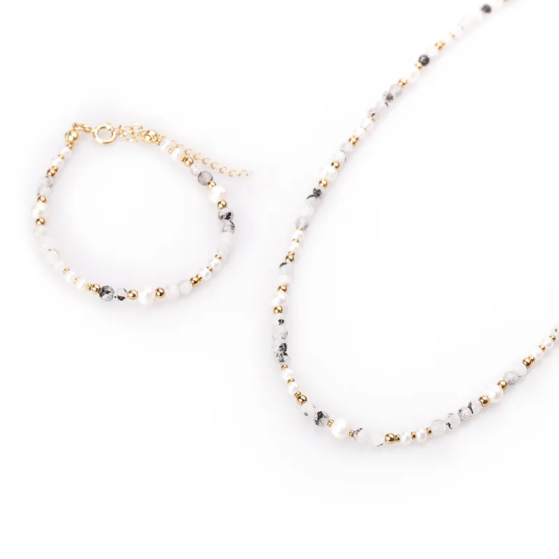 Komplet biżuterii srebro pozłacane bransoletka i naszyjnik - Perłowy Sen