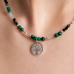 Kryształ Górski, Malachit, Szmaragd, Hematyt - srebrny naszyjnik na intuicję, sukces, uzdrowienie - Światło Spokoju