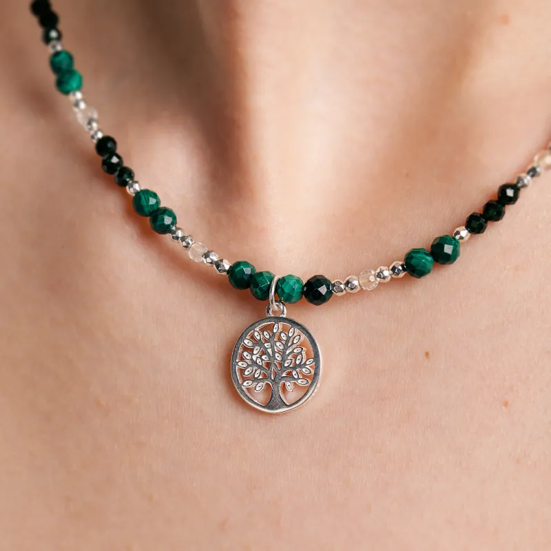 Kryształ Górski, Malachit, Szmaragd, Hematyt - srebrny naszyjnik na intuicję, sukces, uzdrowienie - Światło Spokoju