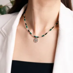 Kryształ Górski, Malachit, Szmaragd, Hematyt - srebrny naszyjnik na intuicję, sukces, uzdrowienie - Światło Spokoju