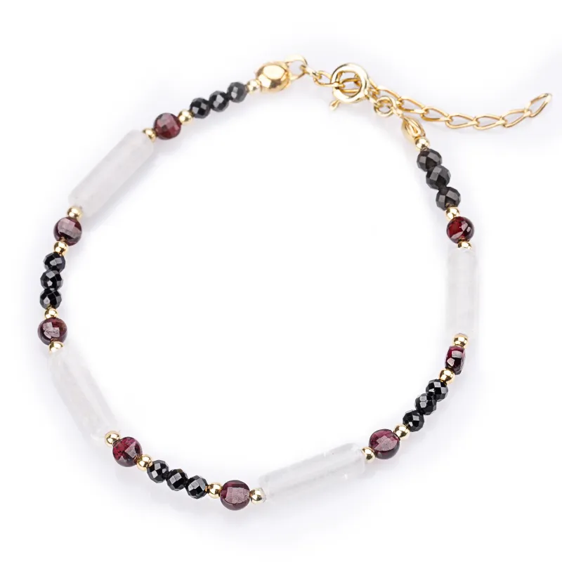 Spinel, Granat, Kryształ Górski - srebrna pozłacana bransoletka na ochronę, bogactwo, koncentrację - Wewnętrzna Ochrona