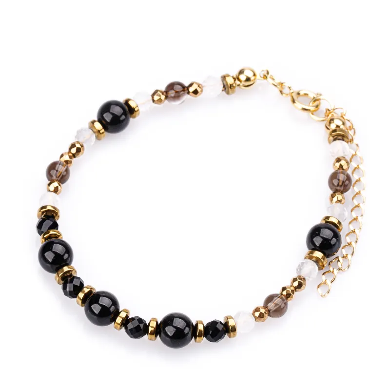 Turmalin, Kwarc Dymny, Kryształ Górski - srebrna pozłacana bransoletka na ochronę, bogactwo, uzdrowienie - Wewnętrzna Ochrona