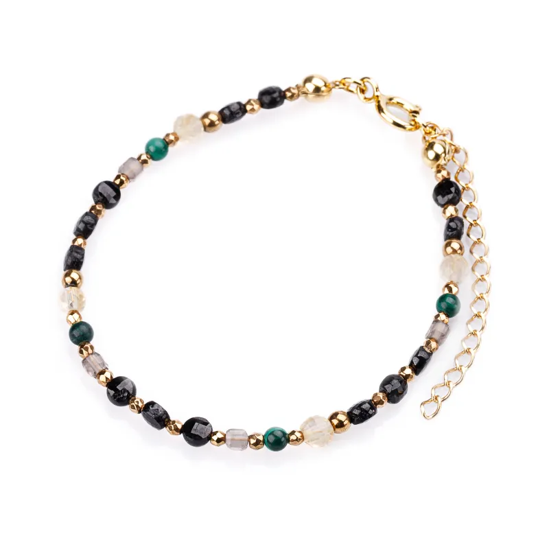 Kwarc Dymny, Malachit, Turmalin - srebrna pozłacana bransoletka na siłę, uzdrowienie, kreatywność - Światło Spokoju