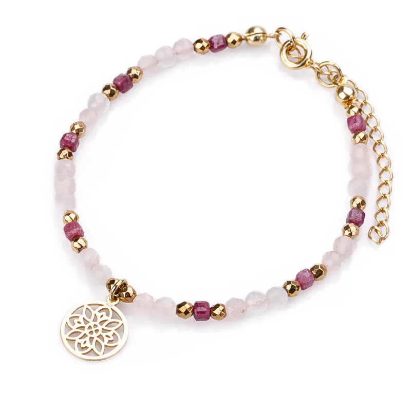 Rubin, Kwarc Różowy, Hematyt - srebrna pozłacana bransoletka na miłość, sukces, siłę - Pocałunek Miłości