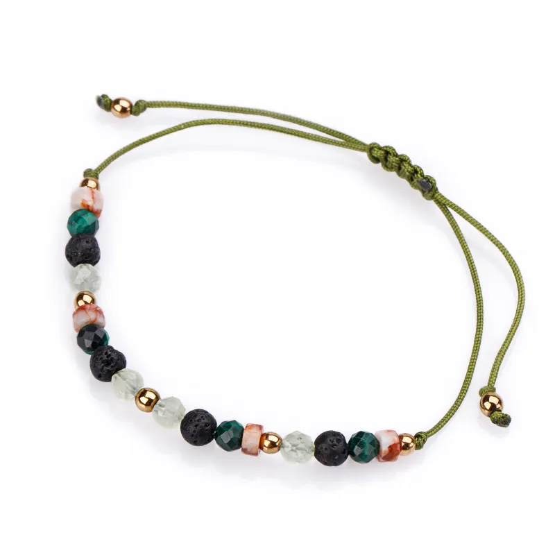 Malachit, Lawa Wulkaniczna, Prehnit - bransoletka na sznurku na odwagę, siłę, spokój - Światło Spokoju
