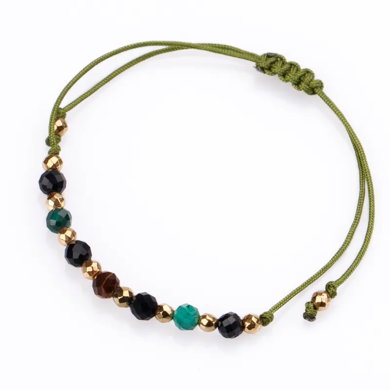 Malachit, Turmalin, Tygrysie Oko - bransoletka na sznurku na spokój, odwagę, bogactwo - Symfonia Bogactwa