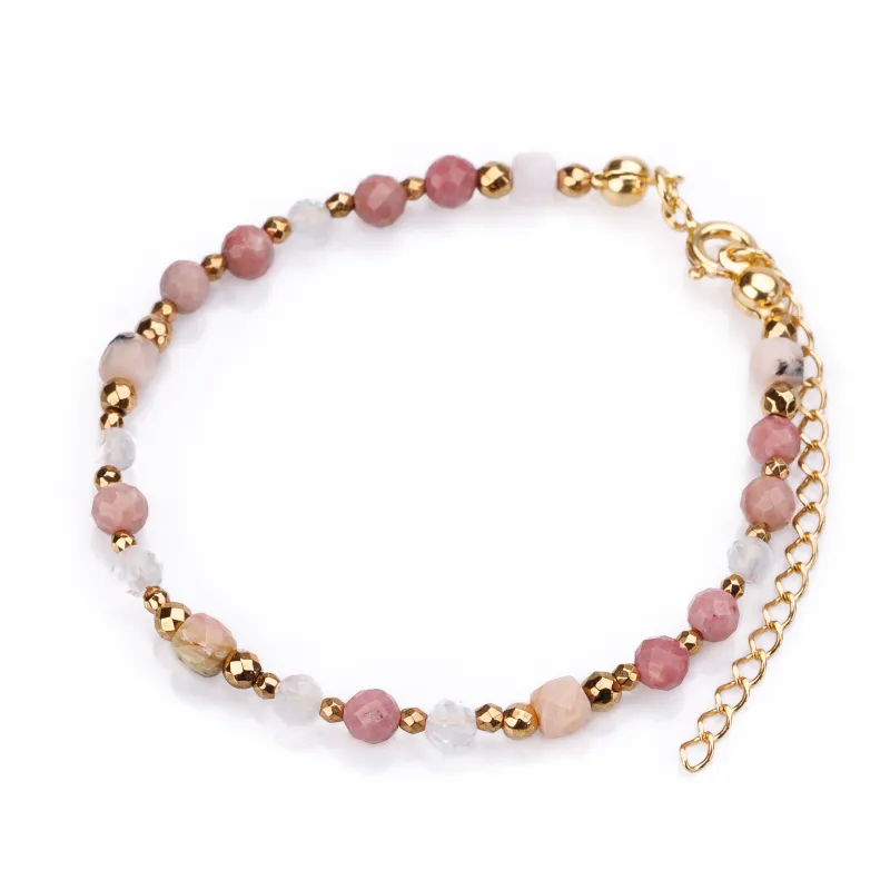 Opal, Rodochrozyt, Kryształ Górski, Hematyt - srebrna pozłacana bransoletka na kreatywność, harmonię, miłość - Pocałunek Miłości