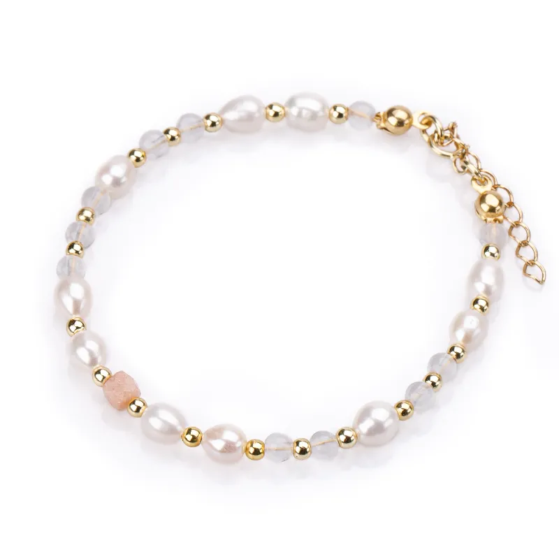 Perła, Kryształ Górski, Kamień Słoneczny - srebrna pozłacana bransoletka na ochronę, harmonię, intuicję - Skarby Oceanu
